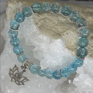 Quartz, Genuine, Yogi Stretch Collection Hand Beaded Lotus/Om Pendant Bracelet